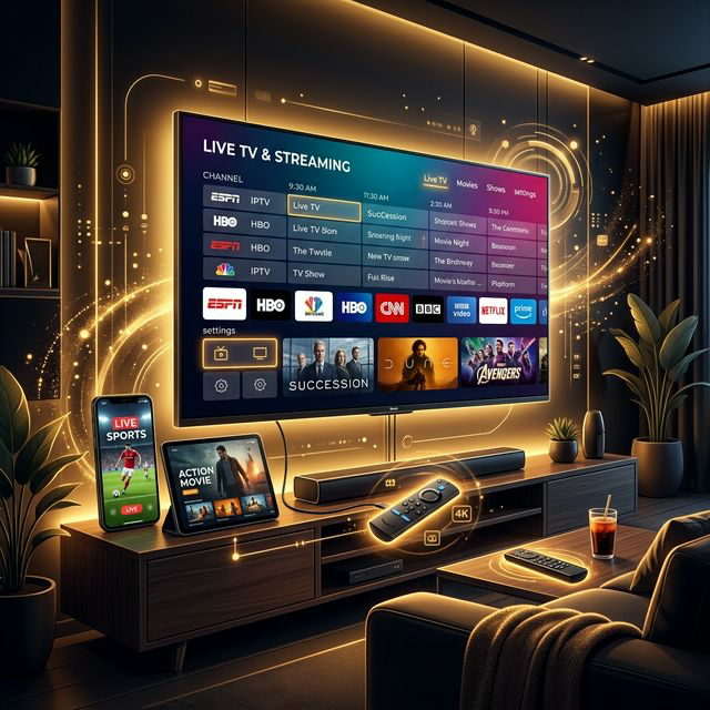 IPTV app dashboard on Amazon Firestick TV screen