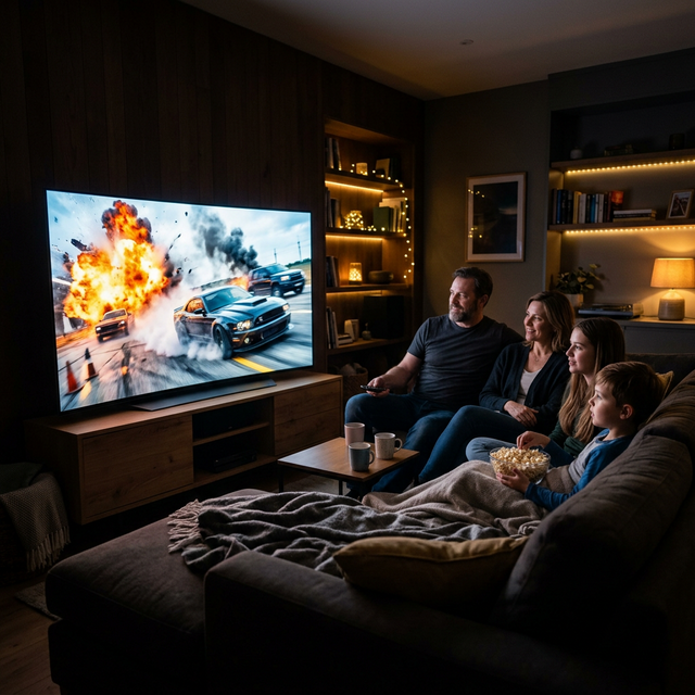 Family watching television together in a modern Swiss living room