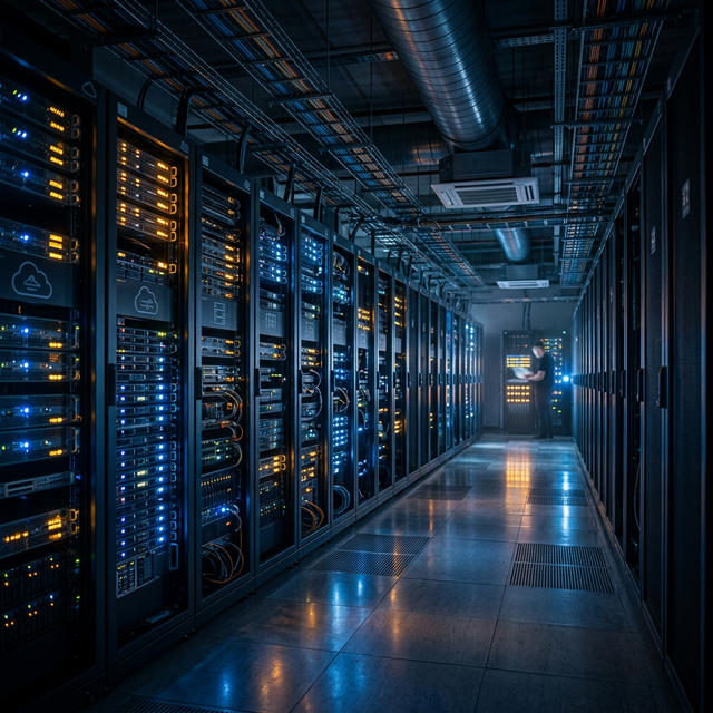 Server room with blinking lights representing IPTV infrastructure in Switzerland